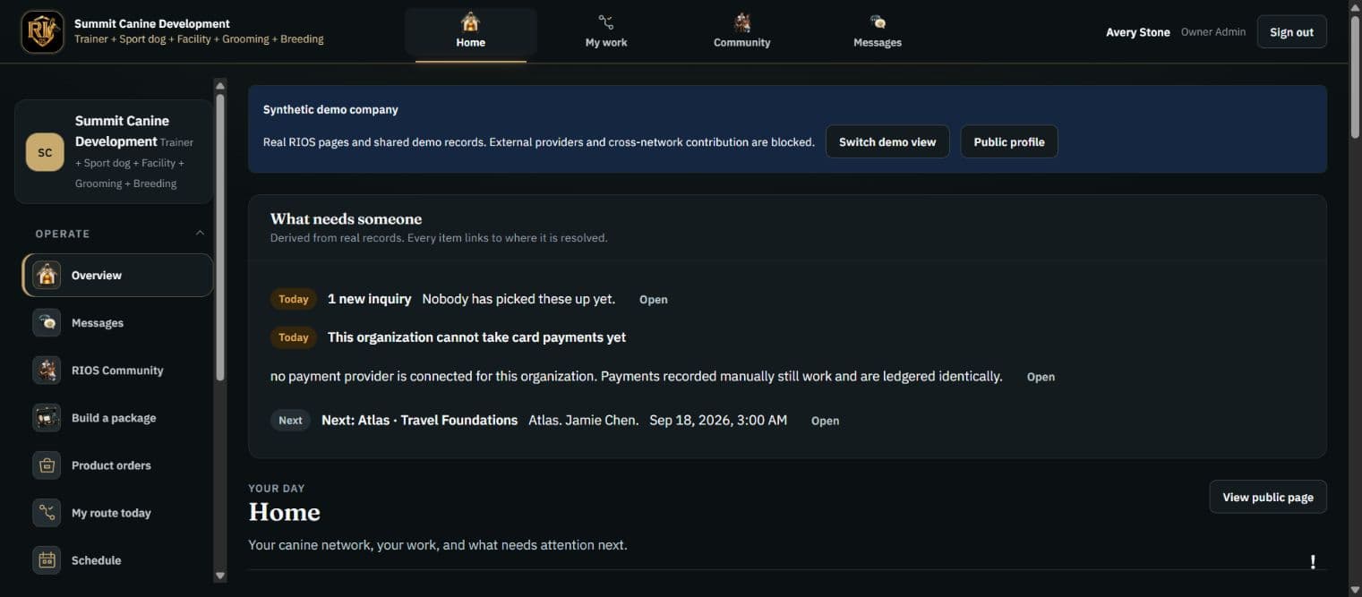 Owner dashboard in the live RIOS Canine Professionals OS synthetic demo